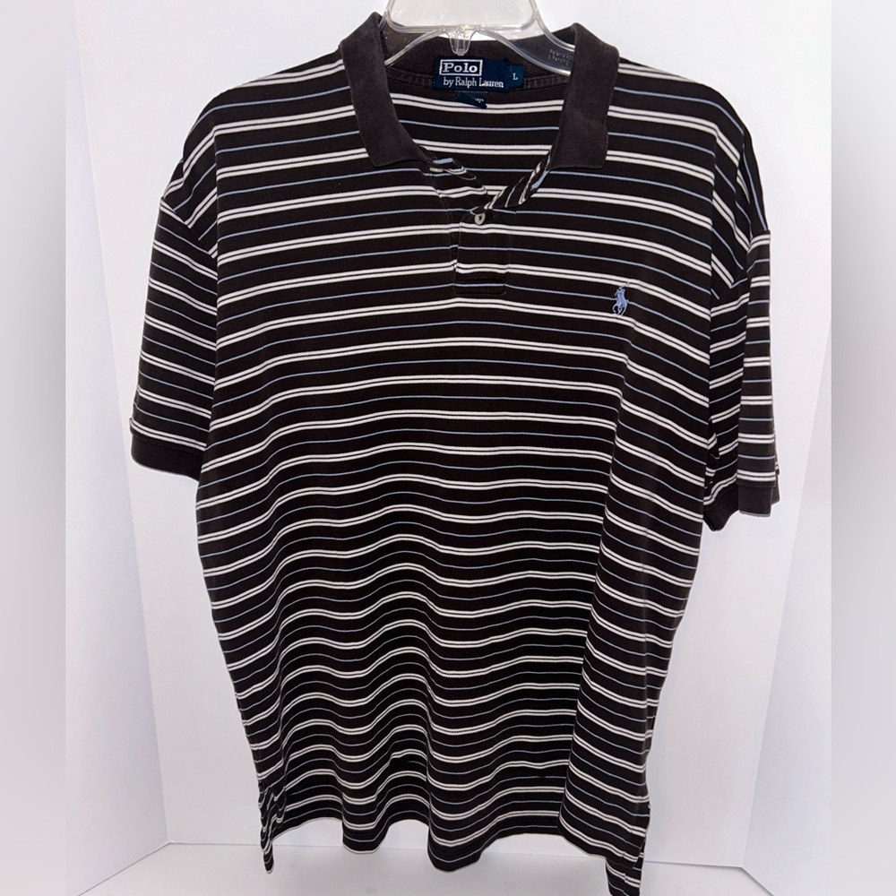 Polo Ralph Lauren VINTAGE‎ brown white blue stripe short sleeve polo size Large